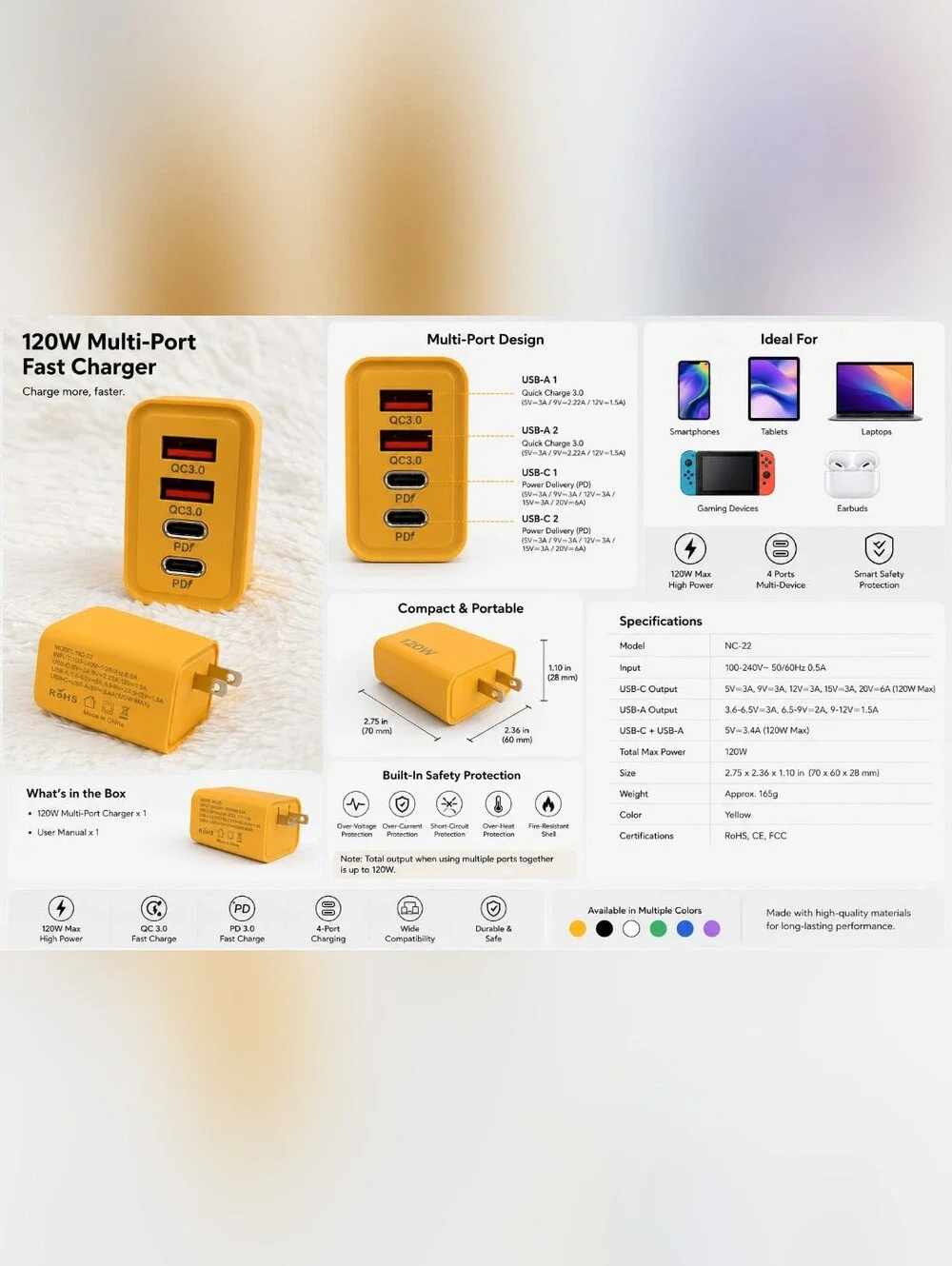 120W Super-Fast Yellow USB Wall Charger with Triple Ports